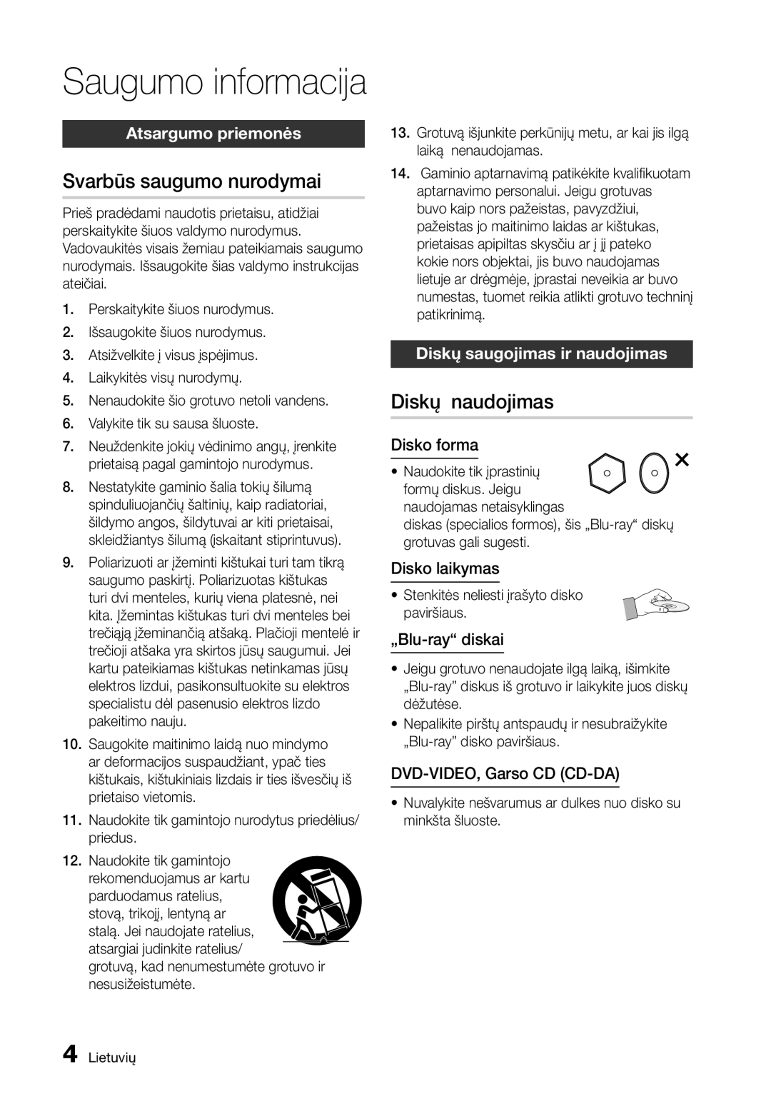 Samsung BD-D5500/EN manual Svarbūs saugumo nurodymai, Diskų naudojimas, Atsargumo priemonės, Diskų saugojimas ir naudojimas 