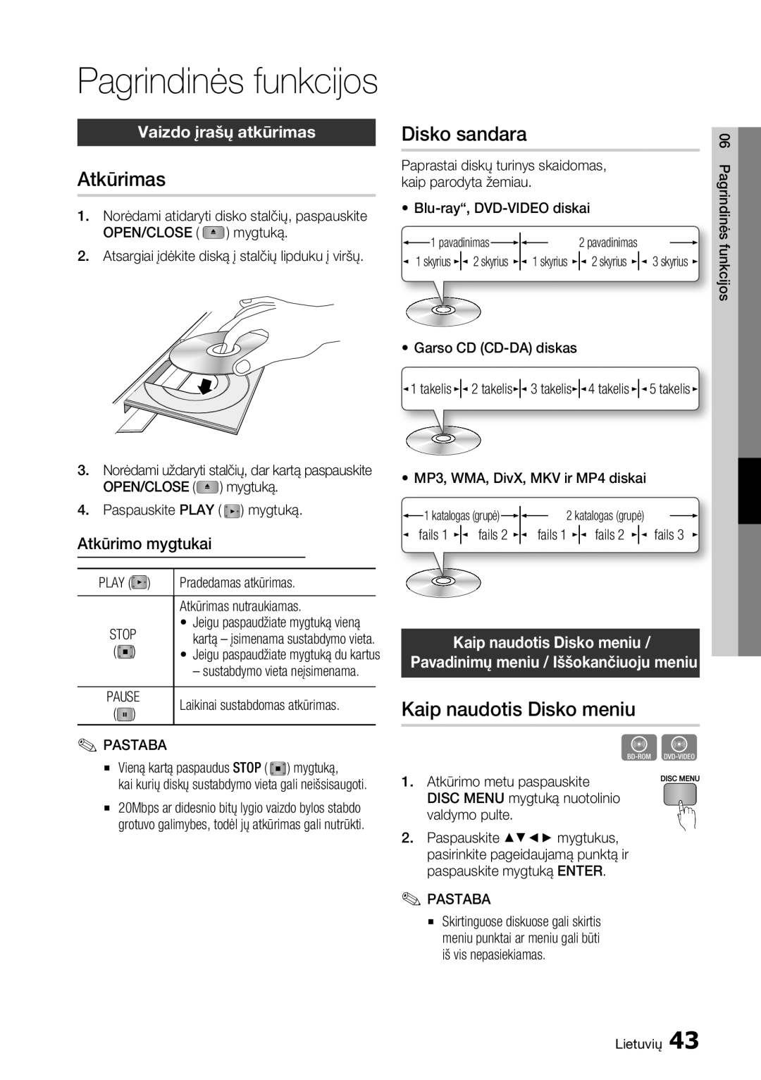 Samsung BD-D5500/EN manual Atkūrimas, Disko sandara, Kaip naudotis Disko meniu, Vaizdo įrašų atkūrimas, Atkūrimo mygtukai 