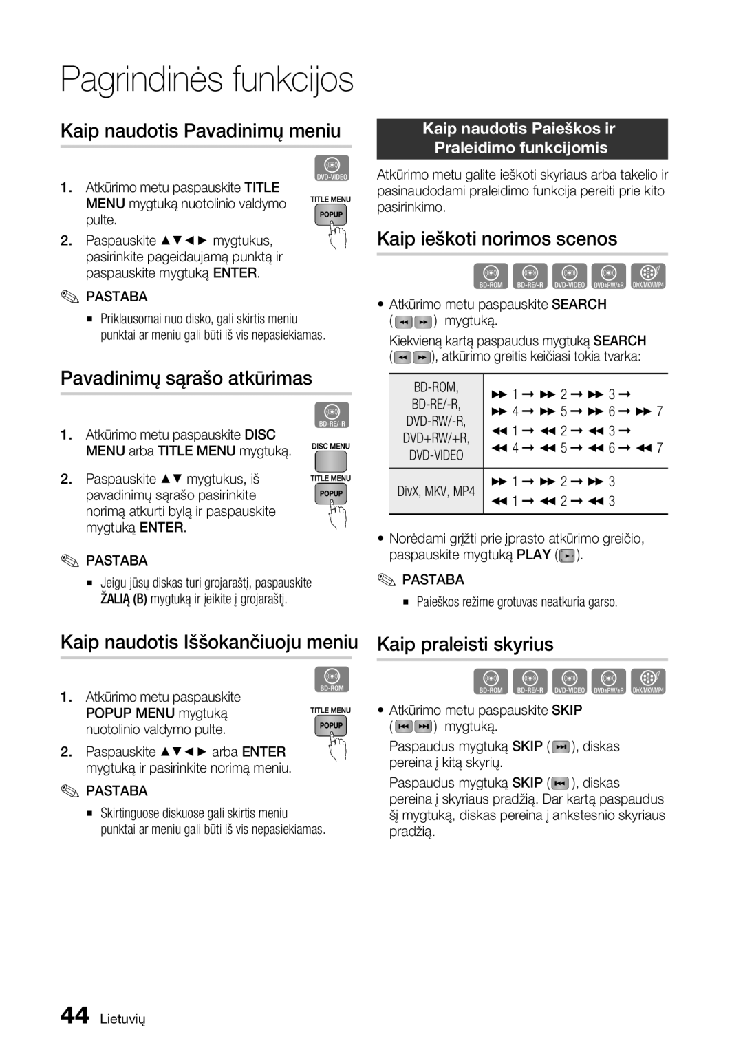 Samsung BD-D5500/EN manual Kaip naudotis Pavadinimų meniu, Kaip ieškoti norimos scenos, Pavadinimų sąrašo atkūrimas 