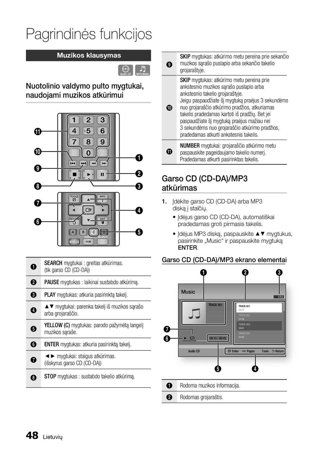 Samsung BD-D5500/EN manual Muzikos klausymas, Garso CD CD-DA/MP3 ekrano elementai, Arba grojaraščio, Muzikos sąraše 