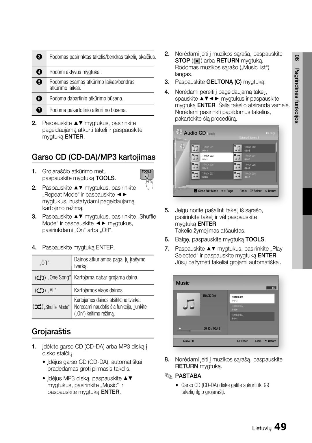 Samsung BD-D5500/EN manual Garso CD CD-DA/MP3 kartojimas, Grojaraštis 