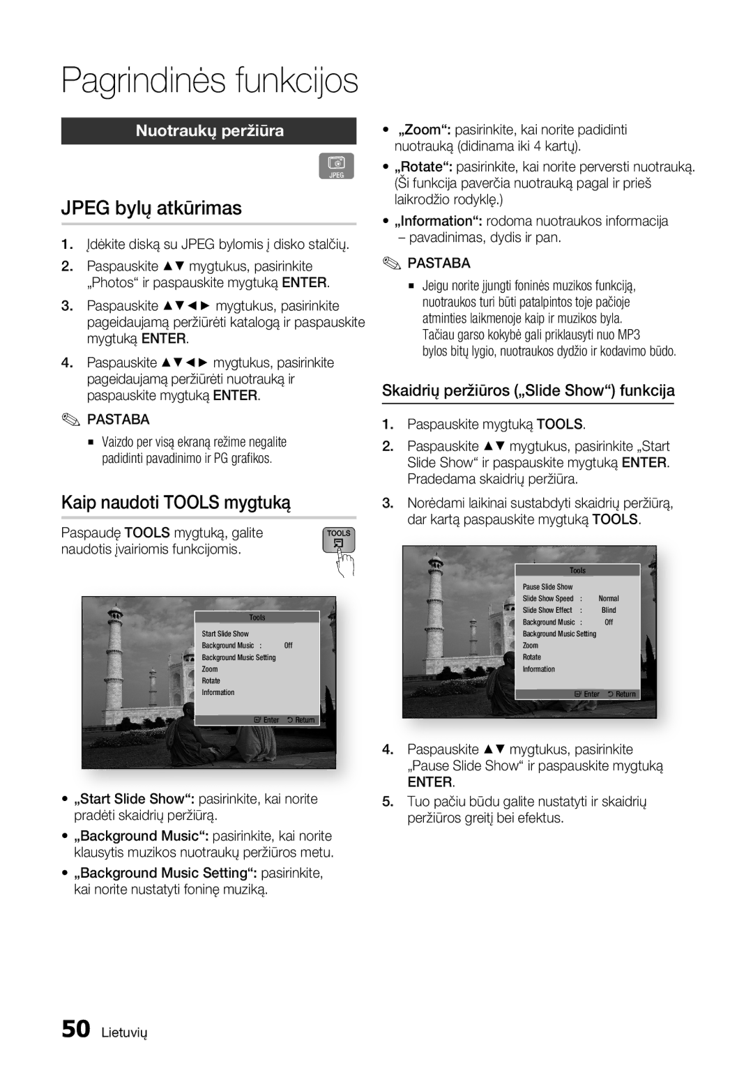 Samsung BD-D5500/EN manual Jpeg bylų atkūrimas, Nuotraukų peržiūra, Skaidrių peržiūros „Slide Show funkcija 