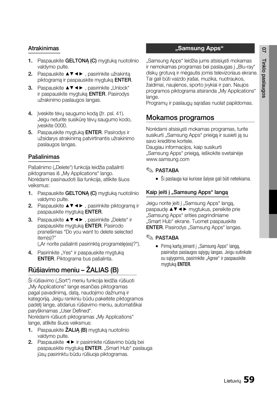 Samsung BD-D5500/EN manual Mokamos programos, Atrakinimas, Pašalinimas, Kaip įeiti į „Samsung Apps langą 