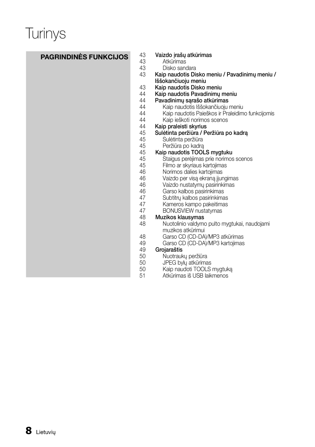 Samsung BD-D5500/EN manual Pagrindinės Funkcijos, Vaizdo įrašų atkūrimas Atkūrimas 