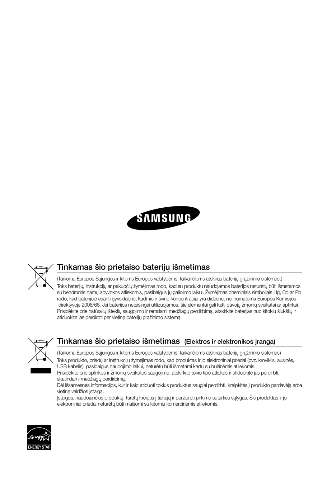 Samsung BD-D5500/EN manual Tinkamas šio prietaiso baterijų išmetimas 