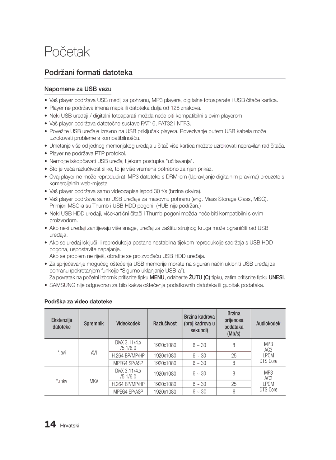 Samsung BD-D5500/EN manual Napomene za USB vezu, Podrška za video datoteke 