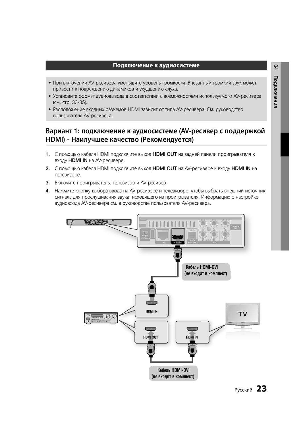 Samsung BD-D5500K/RU manual Подключение к аудиосистеме, Кабель HDMI-DVI Не входит в комплект, 04 Подключения Русский 