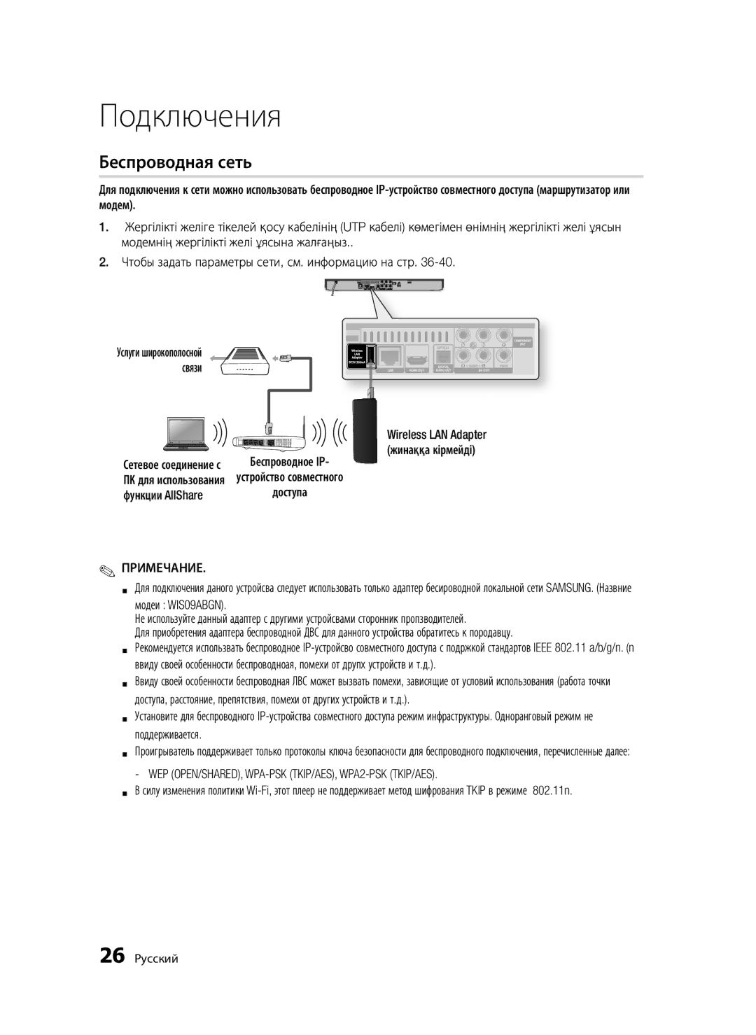 Samsung BD-D5500K/RU Беспроводная сеть, Связи Wireless LAN Adapter, Беспроводное IP Жинаққа кірмейді, Функции AllShare 