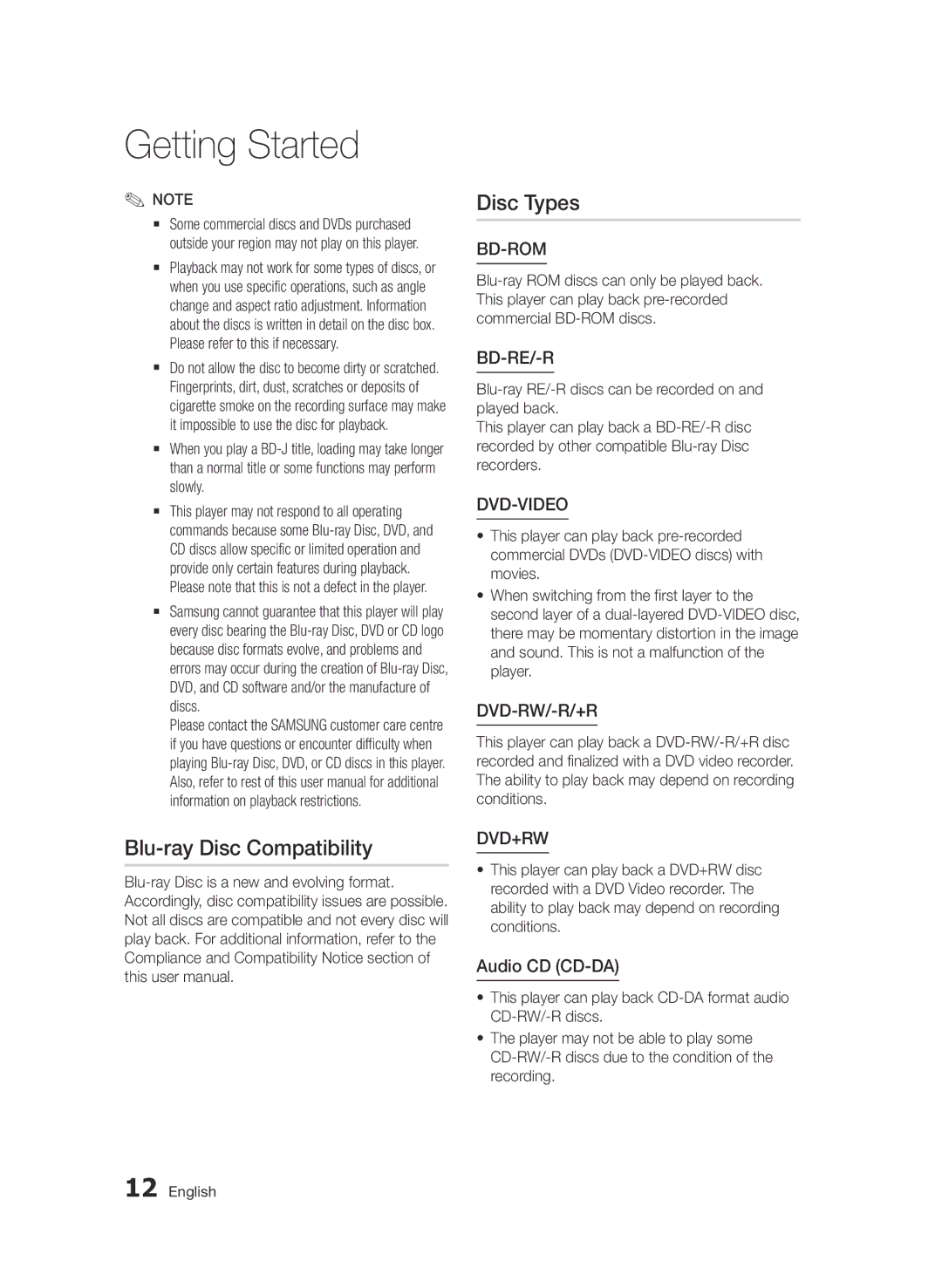 Samsung BD-D5500/SQ manual Blu-ray Disc Compatibility Disc Types, Audio CD CD-DA 