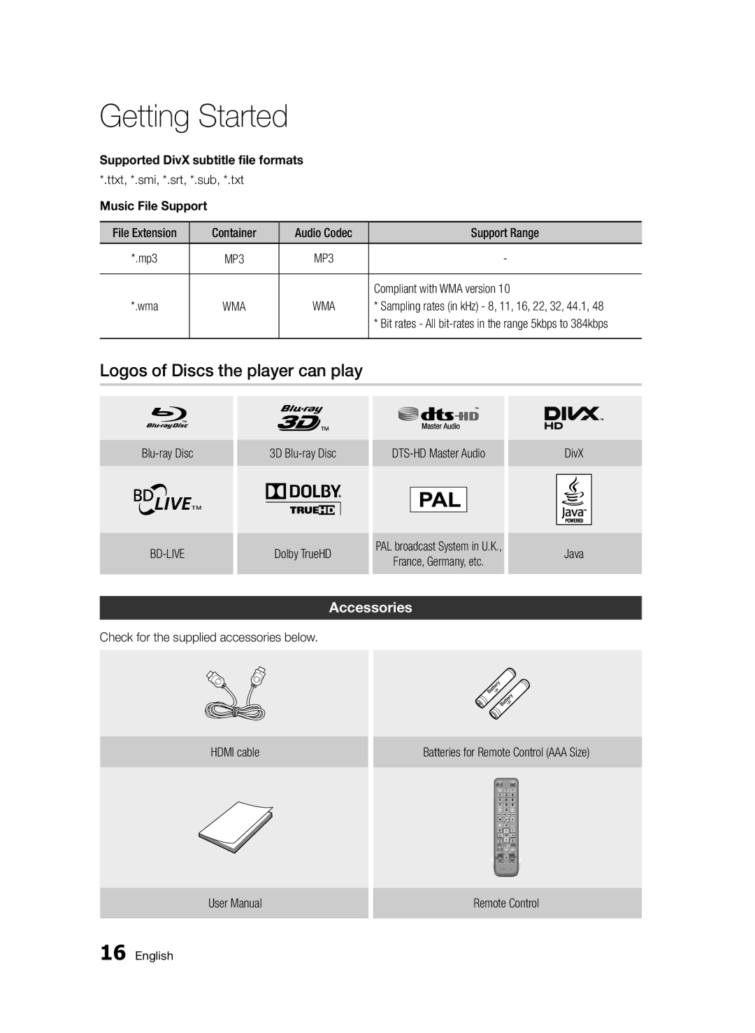 Samsung BD-D5500/SQ manual Logos of Discs the player can play, Accessories, Music File Support, Compliant with WMA version 