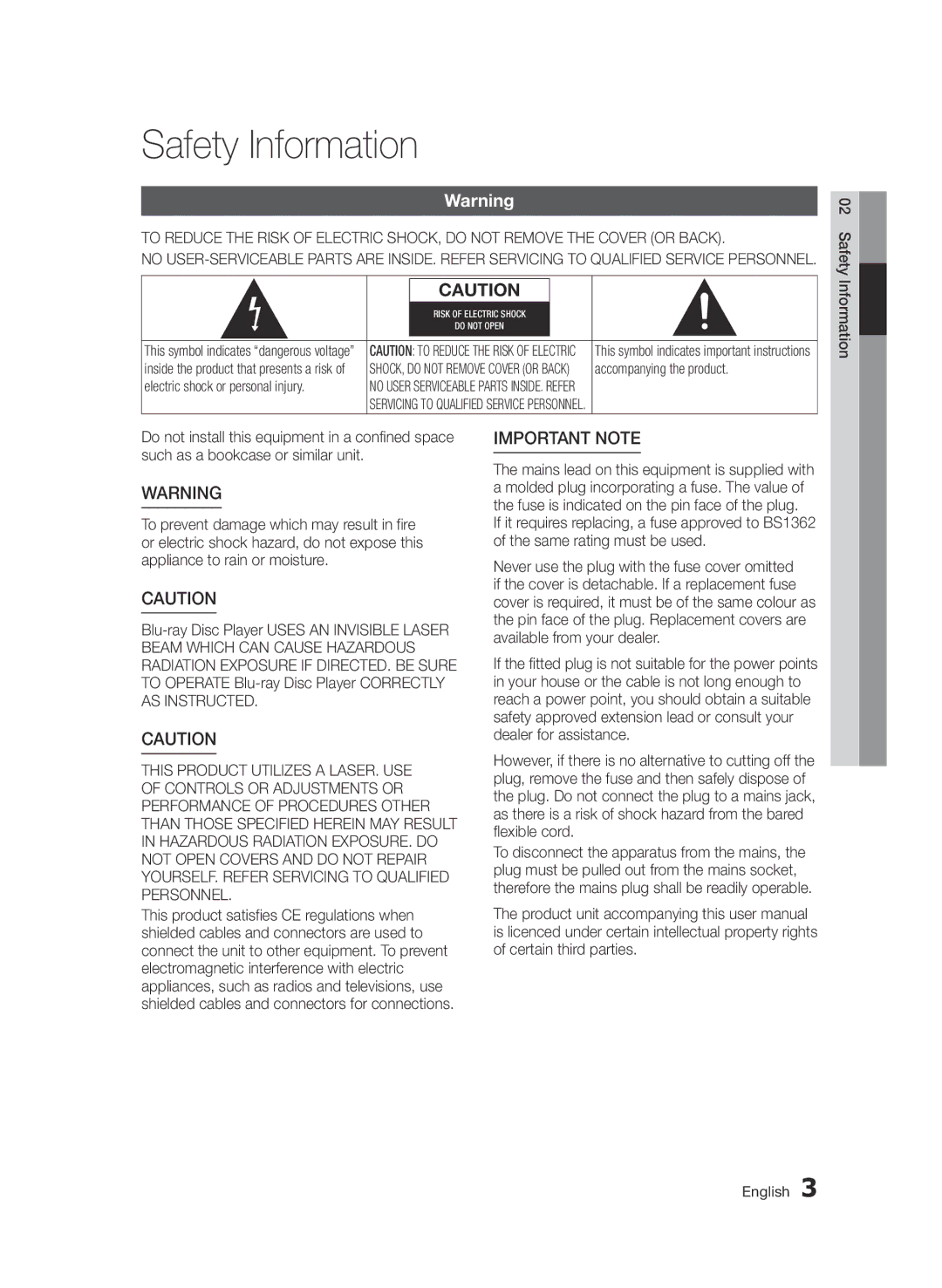 Samsung BD-D5500/SQ manual Safety Information, Accompanying the product, Electric shock or personal injury 