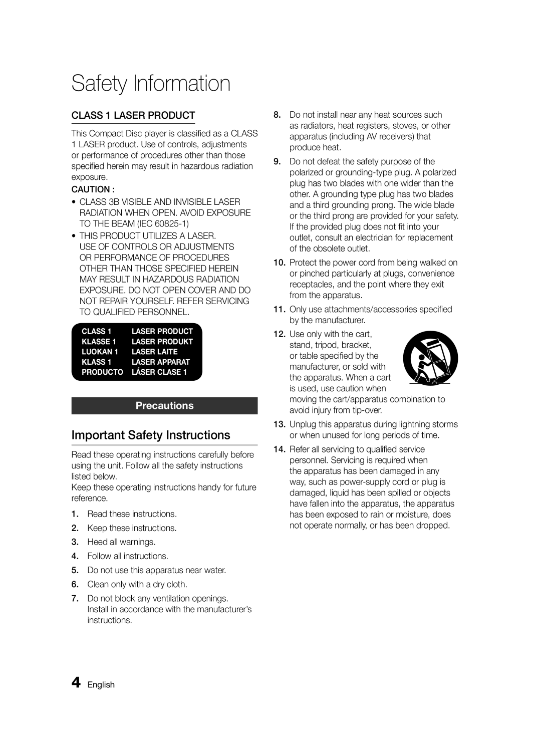 Samsung BD-D5500/SQ manual Important Safety Instructions, Class 1 Laser product, Precautions 