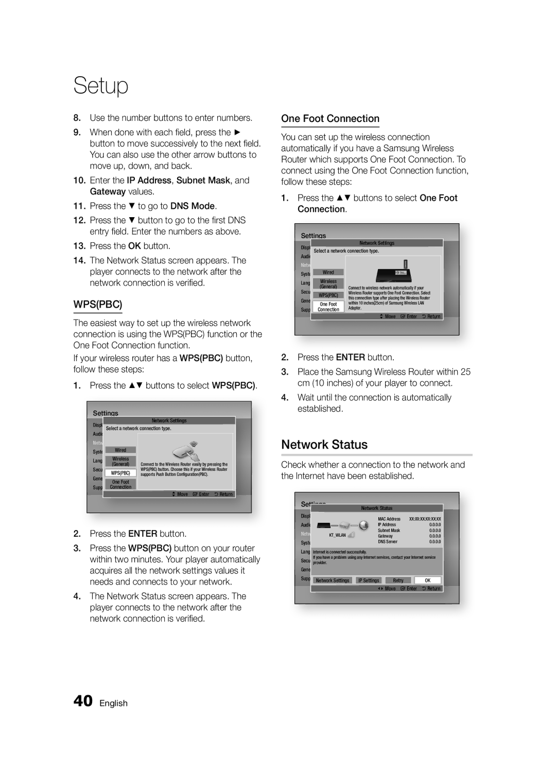 Samsung BD-D5500/SQ manual Network Status, One Foot Connection, Press the OK button 