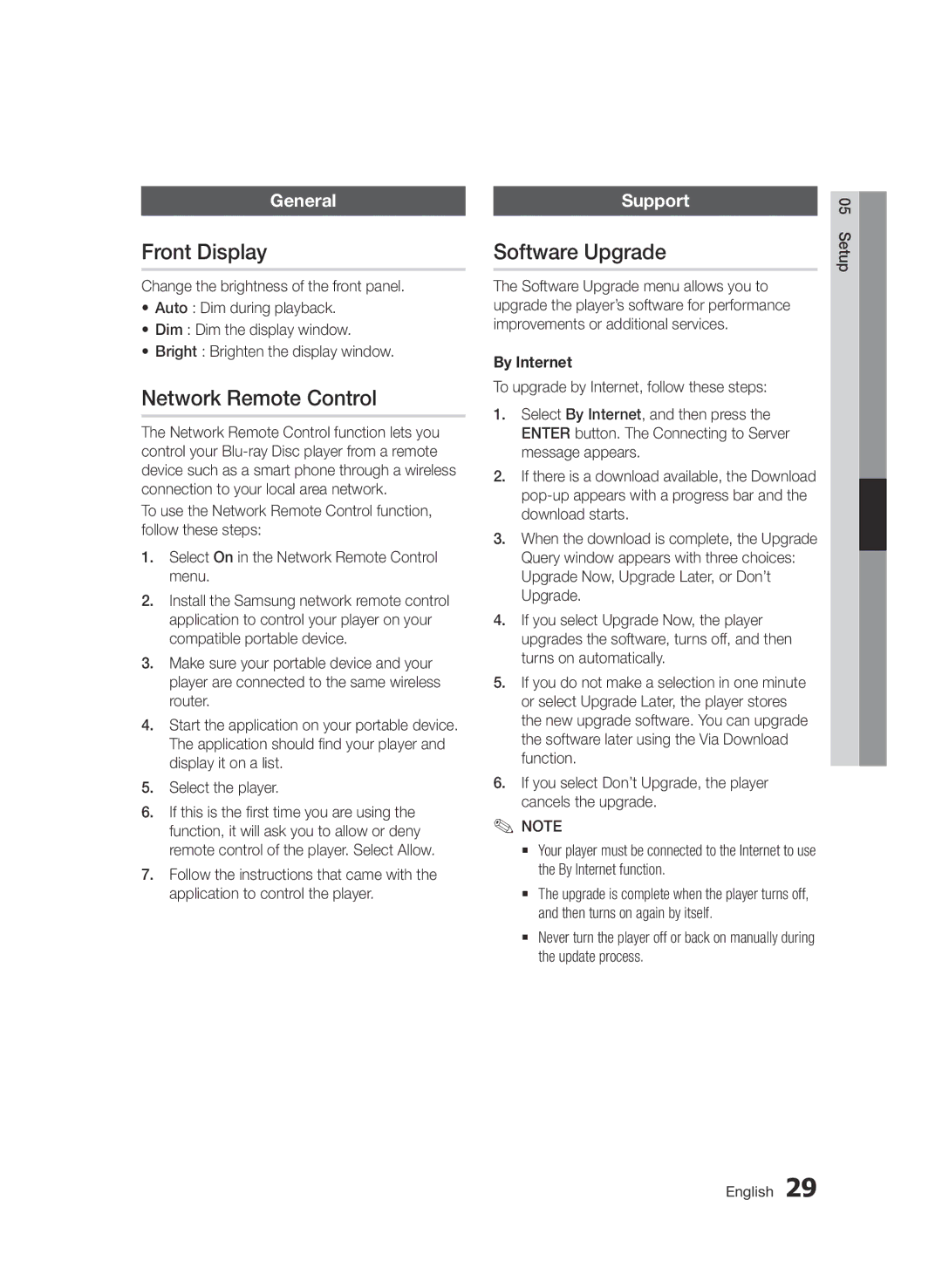 Samsung BD-D5500/SQ manual Front Display, Network Remote Control, Software Upgrade, General, Support 