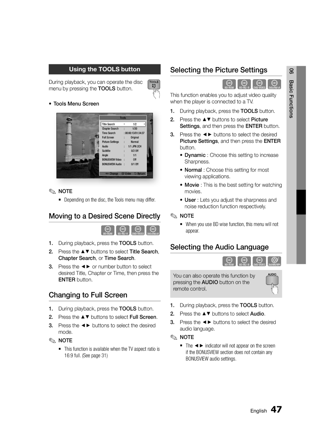 Samsung BD-D5500/SQ manual Moving to a Desired Scene Directly, Changing to Full Screen, Selecting the Picture Settings 