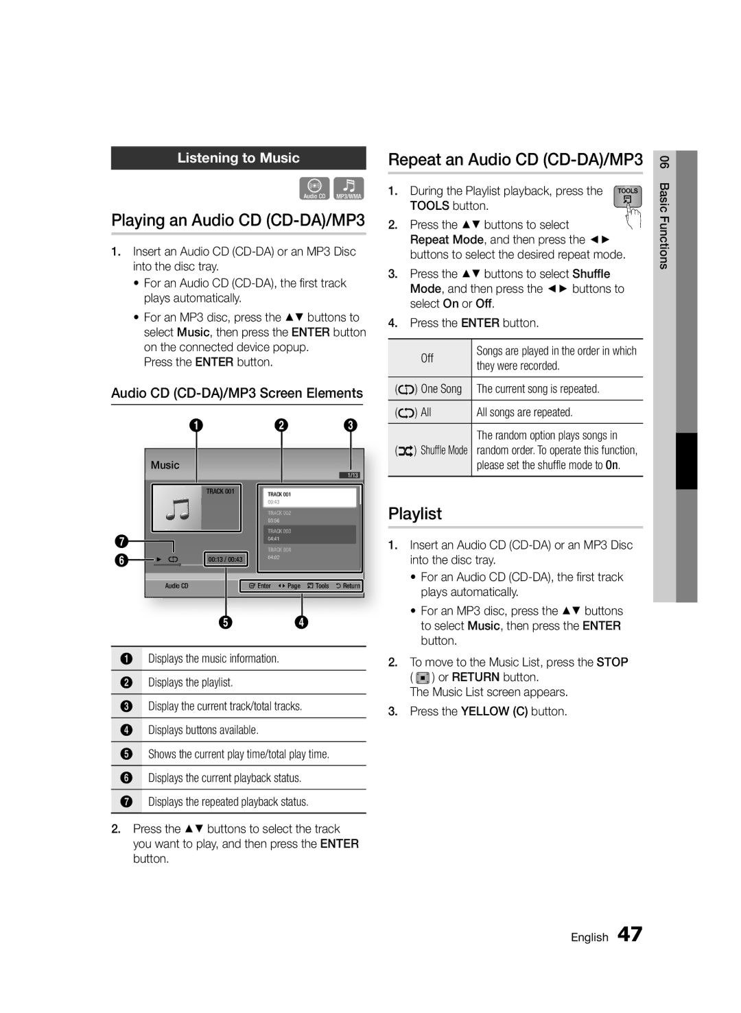 Samsung BD-D5500/SQ manual Playing an Audio CD CD-DA/MP3, Repeat an Audio CD CD-DA/MP3, Playlist, Listening to Music 