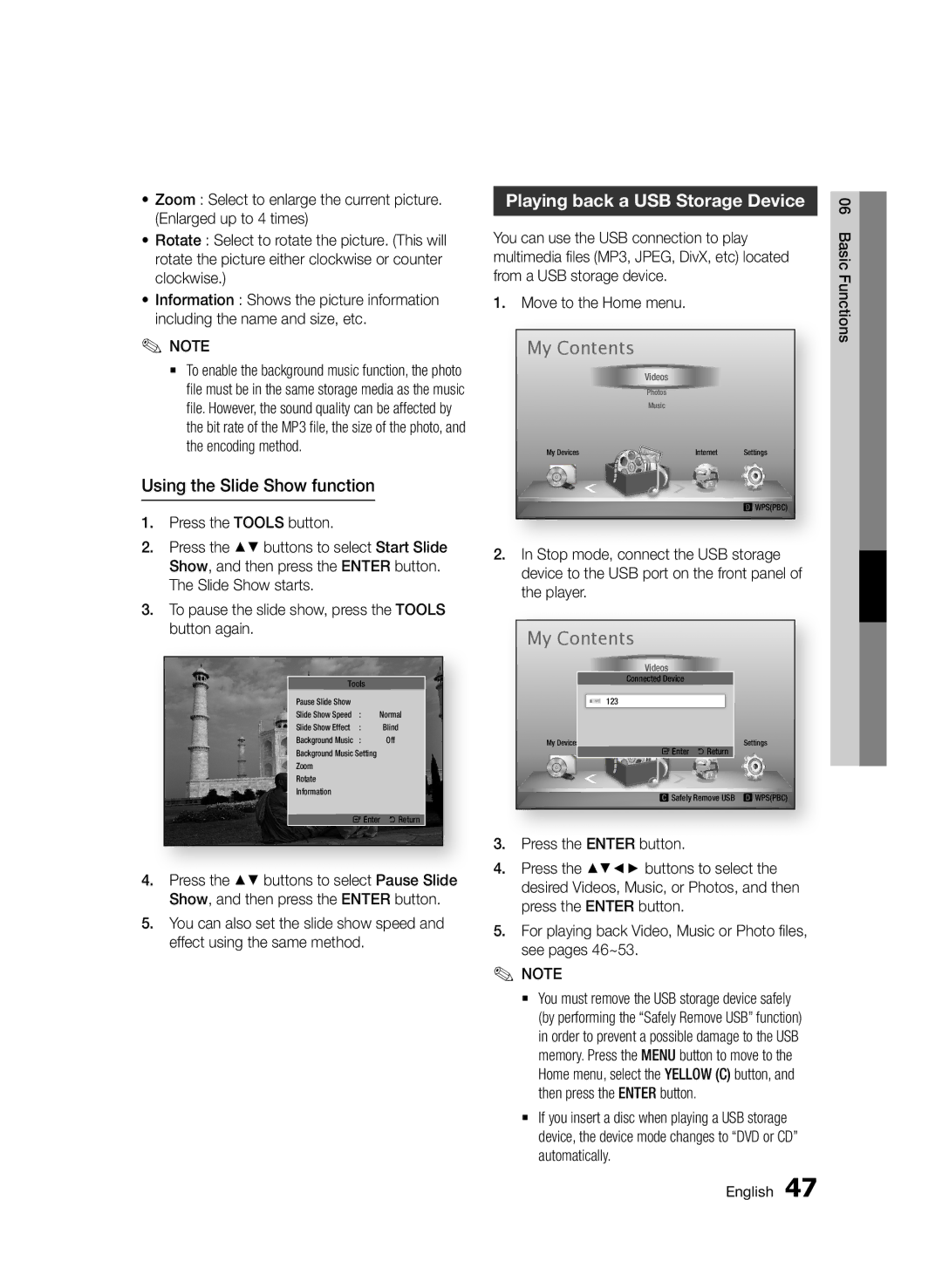 Samsung BD-D5500/SQ Using the Slide Show function, Playing back a USB Storage Device, Stop mode, connect the USB storage 