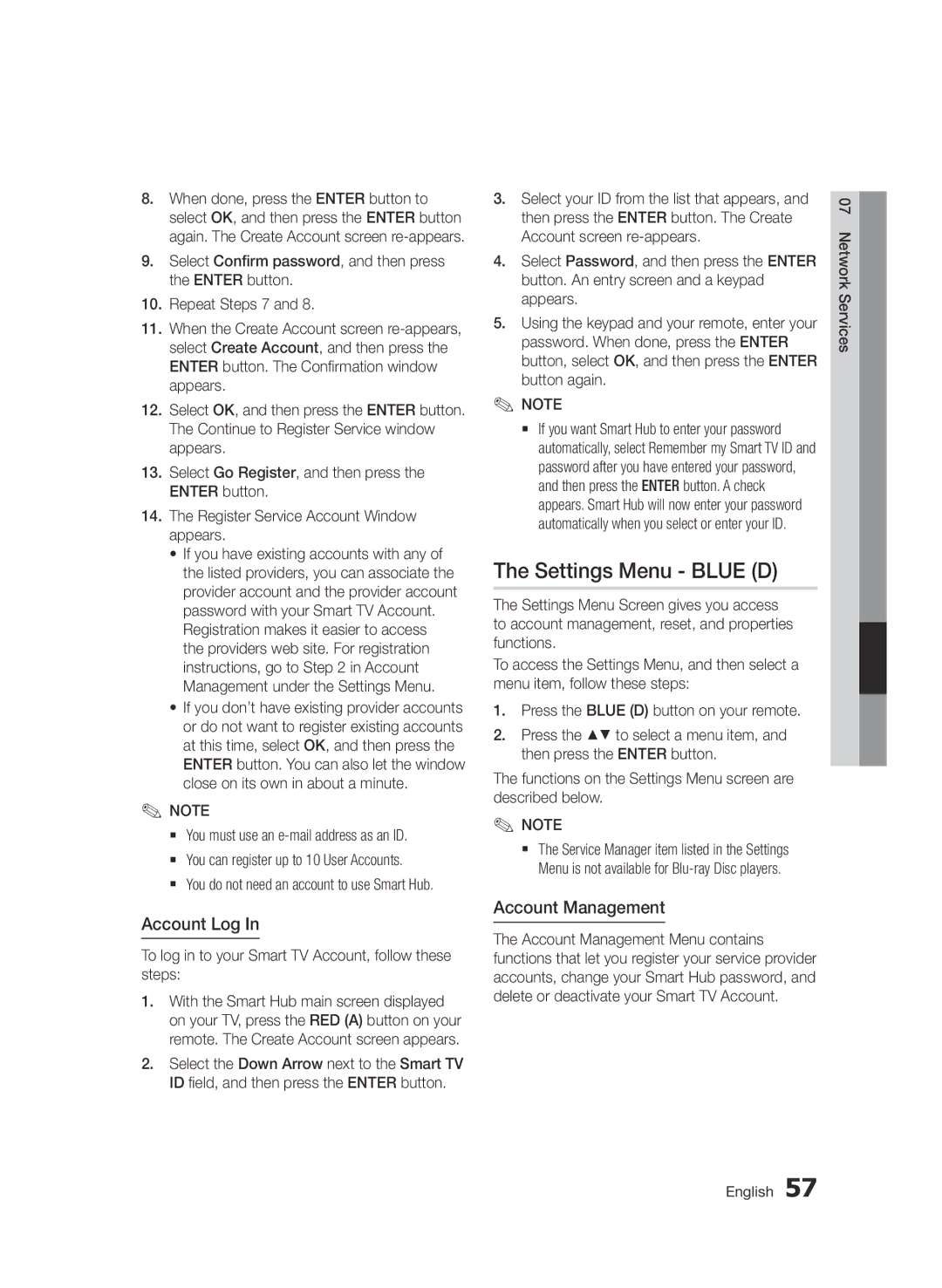 Samsung BD-D5500/SQ Settings Menu Blue D, Account Log, Account Management, `` You do not need an account to use Smart Hub 