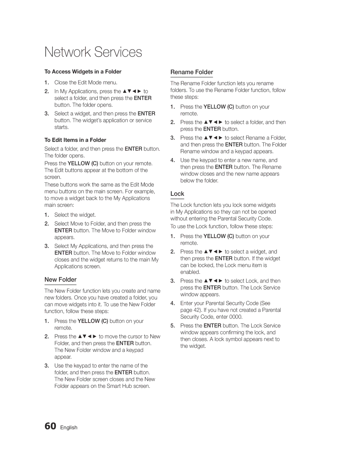 Samsung BD-D5500/SQ manual New Folder, Rename Folder, Lock, To Access Widgets in a Folder, To Edit Items in a Folder 