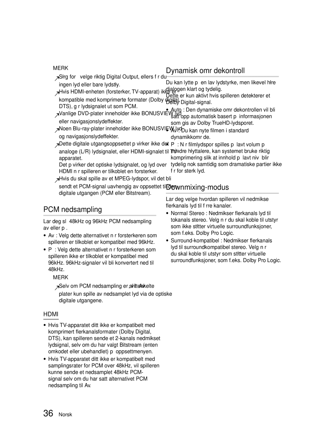 Samsung BD-D5500/XE manual PCM nedsampling, Dynamisk områdekontroll, Downmixing-modus, Digitale utgangene 