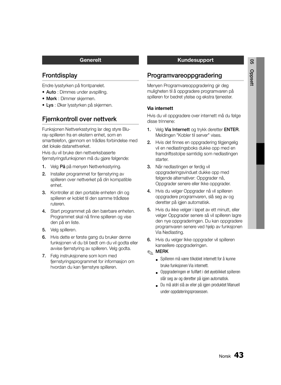 Samsung BD-D5500/XE manual Frontdisplay, Fjernkontroll over nettverk, Programvareoppgradering, Generelt, Kundesupport 