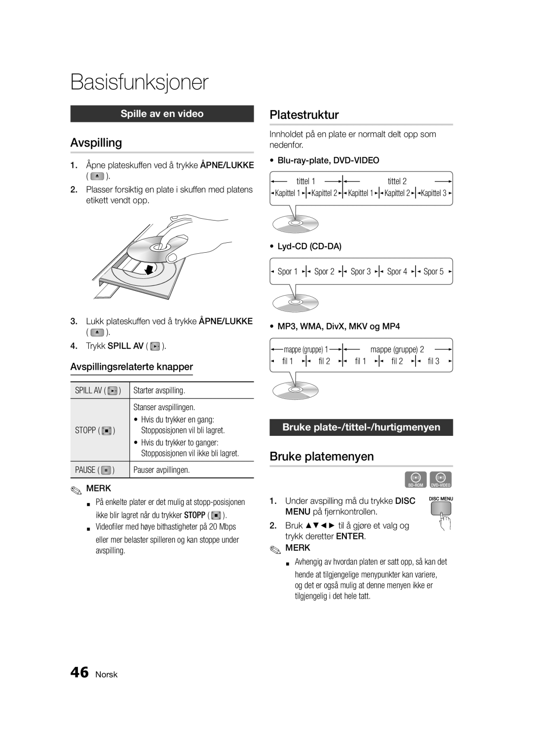 Samsung BD-D5500/XE manual Basisfunksjoner, Avspilling, Platestruktur, Bruke platemenyen 