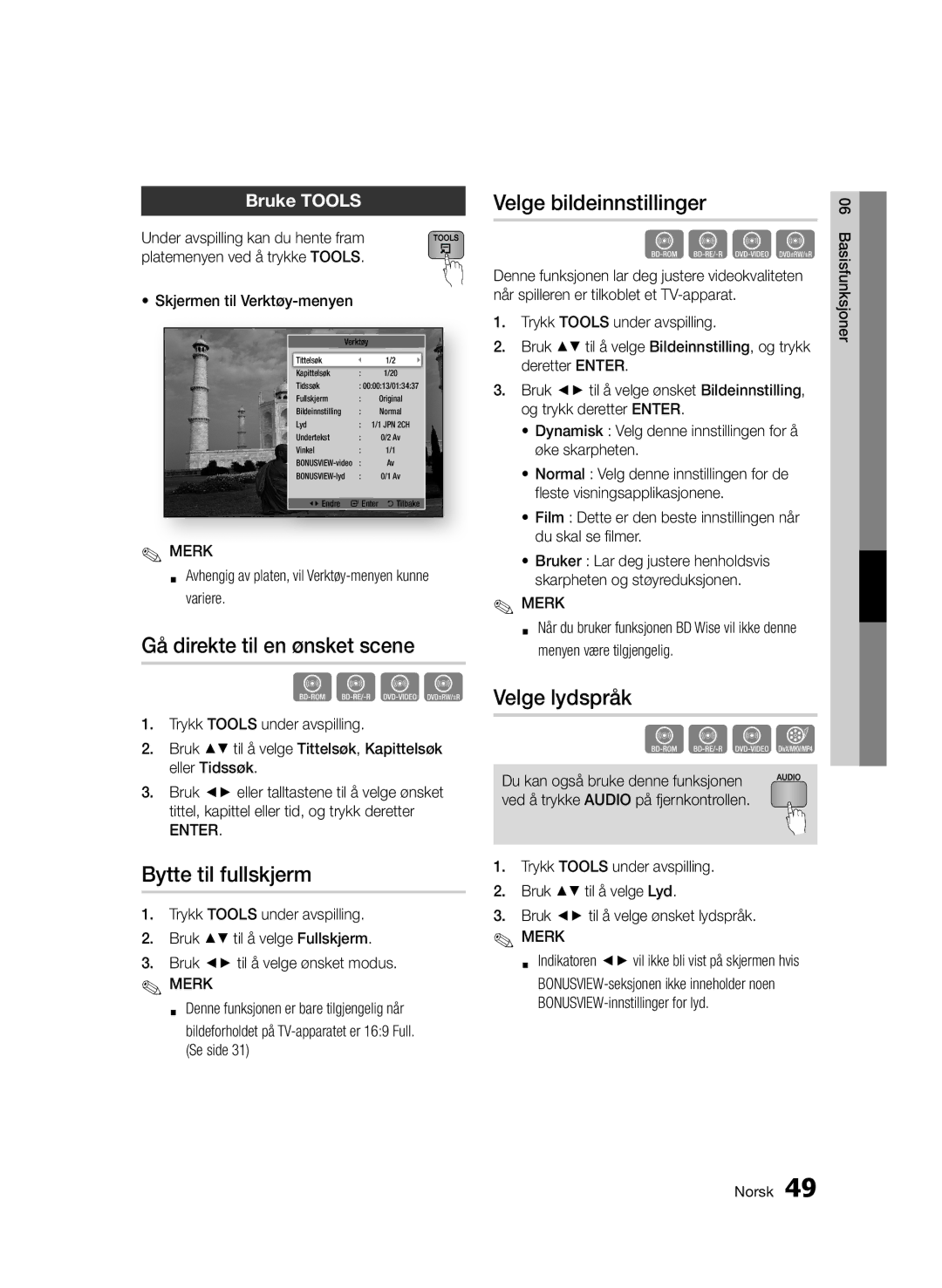 Samsung BD-D5500/XE manual Gå direkte til en ønsket scene, Bytte til fullskjerm, Velge bildeinnstillinger, Velge lydspråk 