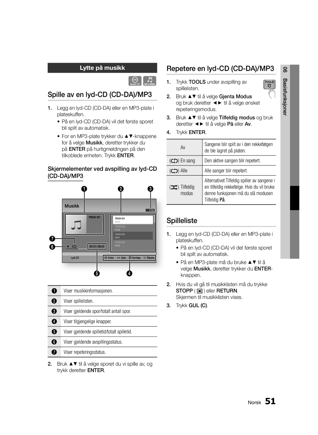 Samsung BD-D5500/XE manual Spille av en lyd-CD CD-DA/MP3, Repetere en lyd-CD CD-DA/MP3, Spilleliste, Lytte på musikk 