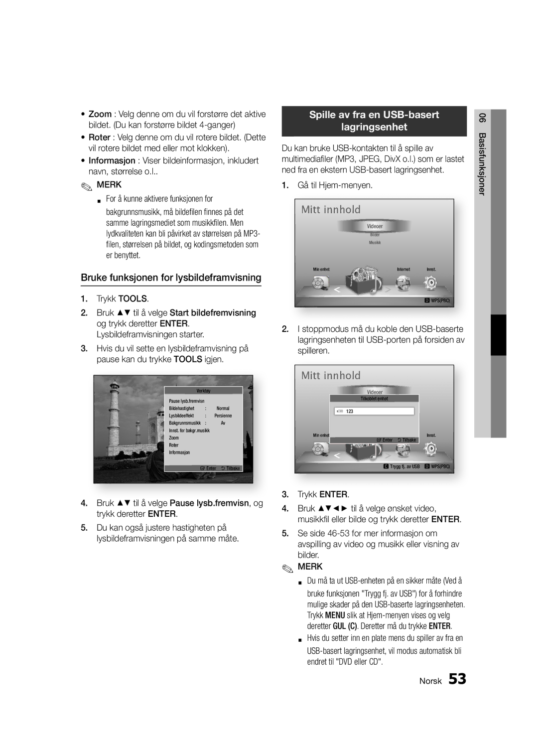 Samsung BD-D5500/XE manual Bruke funksjonen for lysbildeframvisning, Spille av fra en USB-basert Lagringsenhet 