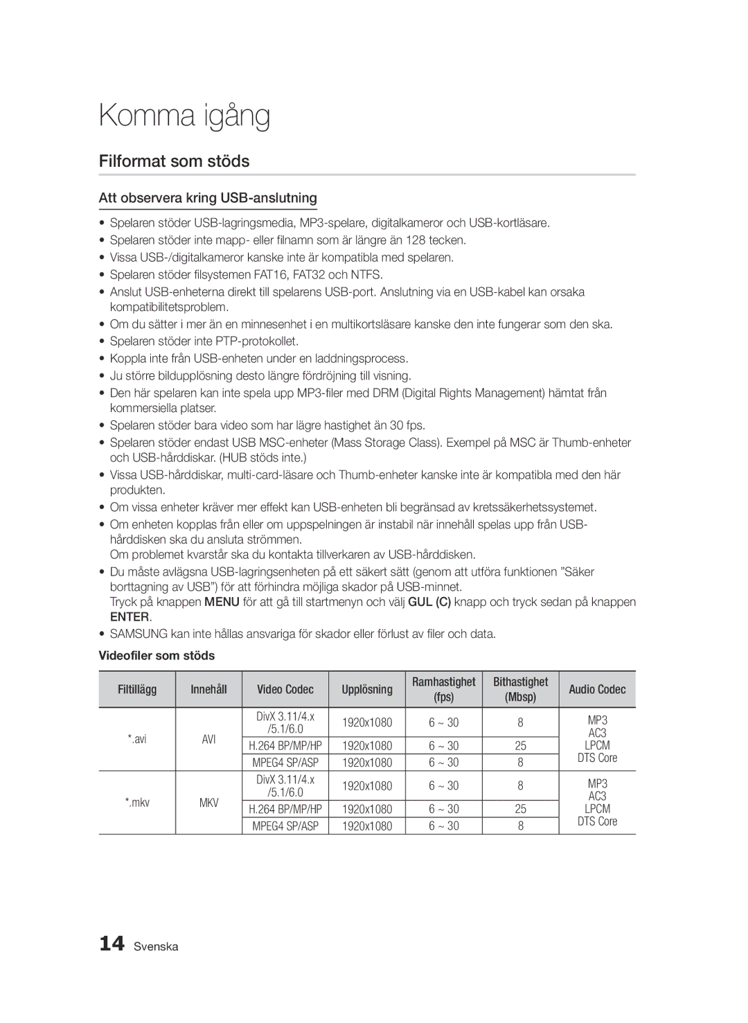 Samsung BD-D5500/XE manual Filformat som stöds, Att observera kring USB-anslutning, Enter, Videofiler som stöds, Lpcm 