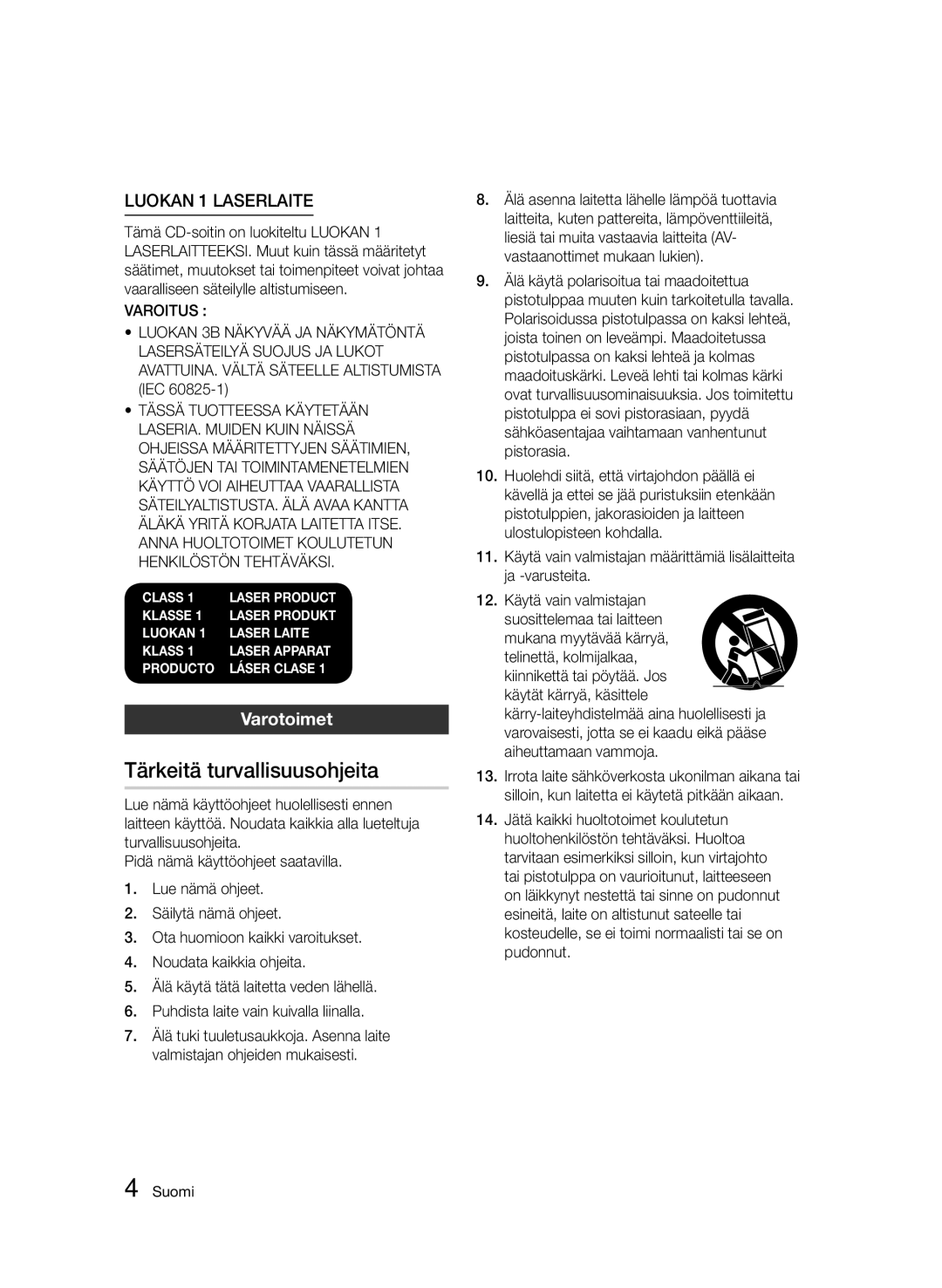 Samsung BD-D5500/XE manual Tärkeitä turvallisuusohjeita, Varotoimet 