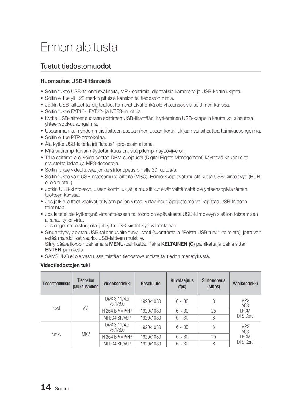 Samsung BD-D5500/XE manual Tuetut tiedostomuodot, Huomautus USB-liitännästä, Videotiedostojen tuki, Tiedoston Videokoodekki 