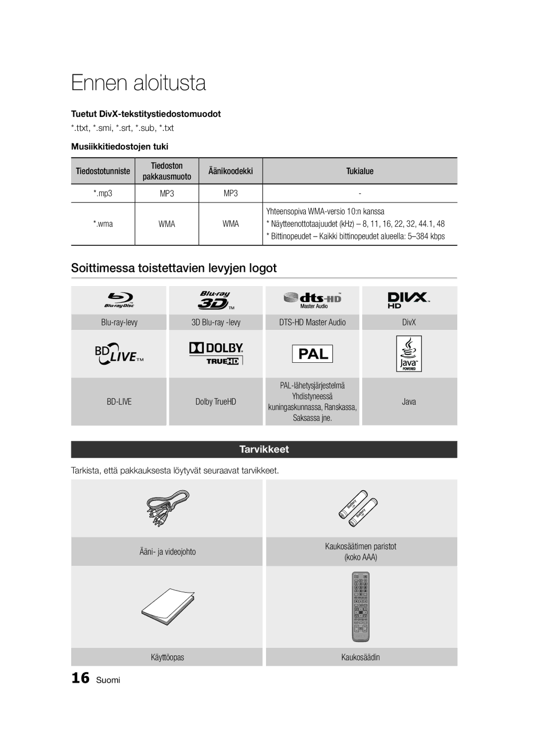 Samsung BD-D5500/XE manual Soittimessa toistettavien levyjen logot, Tarvikkeet, Tuetut DivX-tekstitystiedostomuodot 