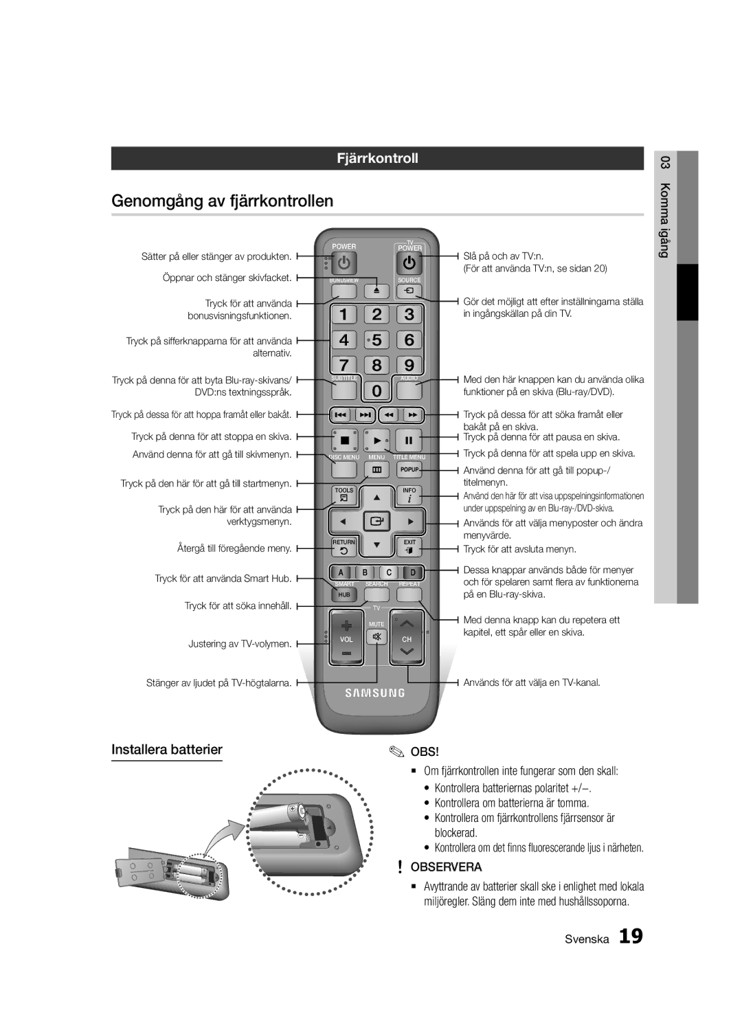 Samsung BD-D5500/XE manual Genomgång av fjärrkontrollen, Fjärrkontroll, Installera batterier, Observera 