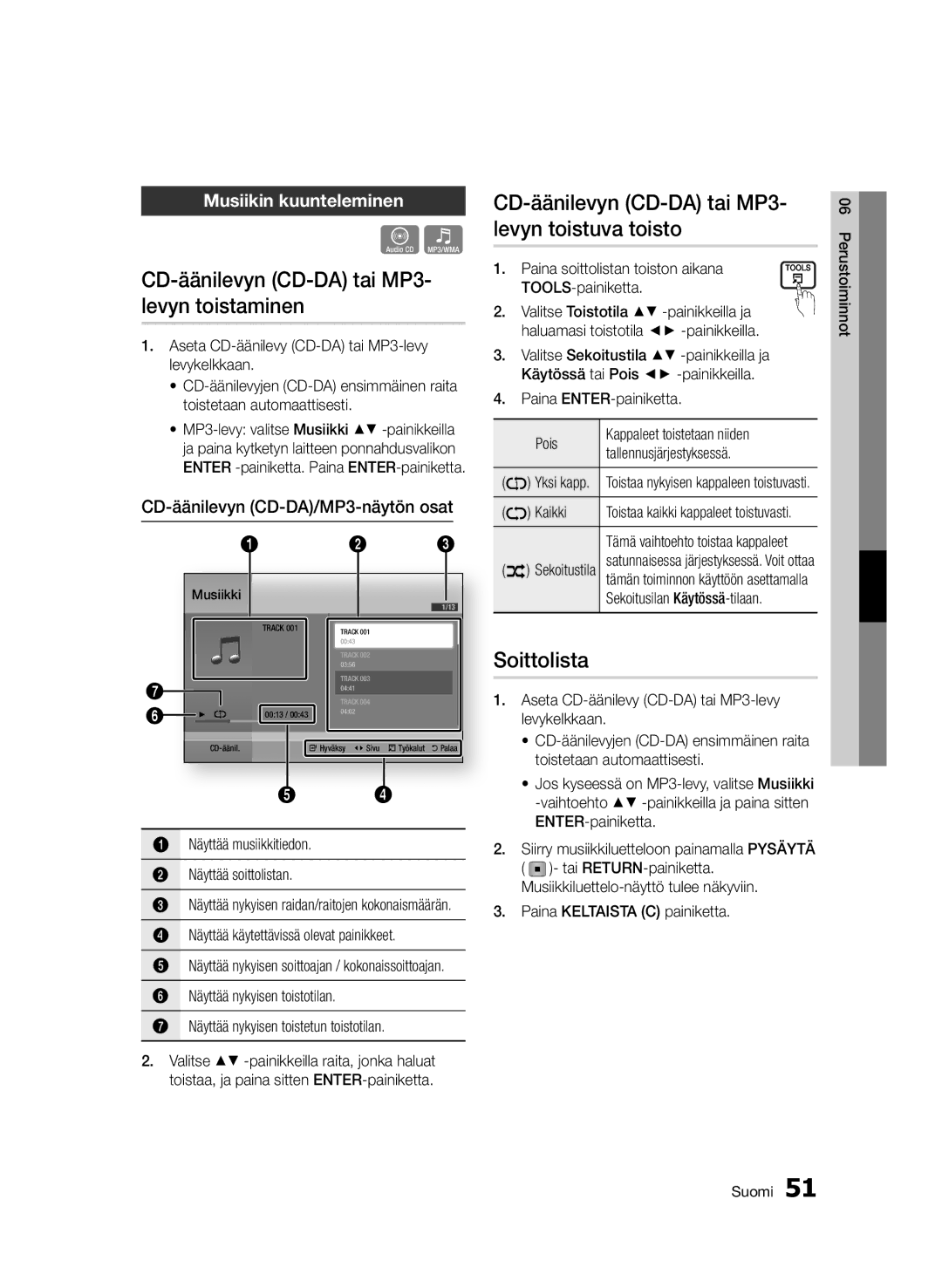 Samsung BD-D5500/XE manual CD-äänilevyn CD-DA tai MP3- levyn toistaminen, CD-äänilevyn CD-DA tai MP3- levyn toistuva toisto 