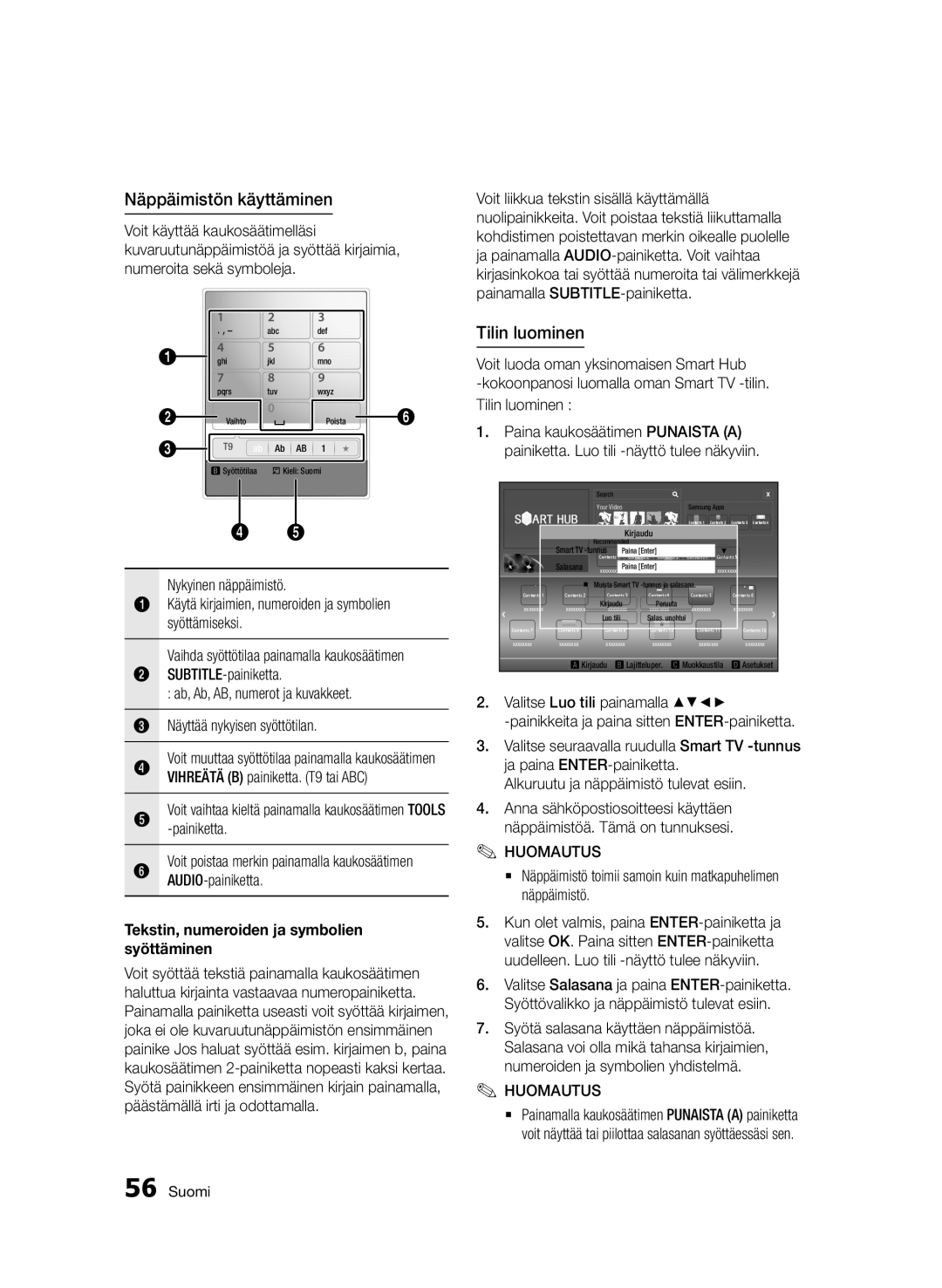 Samsung BD-D5500/XE manual Näppäimistön käyttäminen, Tilin luominen, SUBTITLE-painiketta 