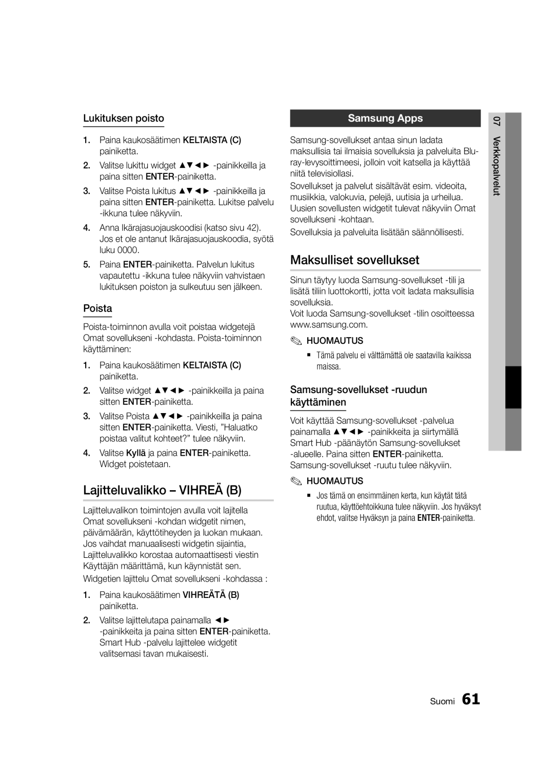 Samsung BD-D5500/XE manual Lajitteluvalikko Vihreä B, Maksulliset sovellukset, Lukituksen poisto, Poista 