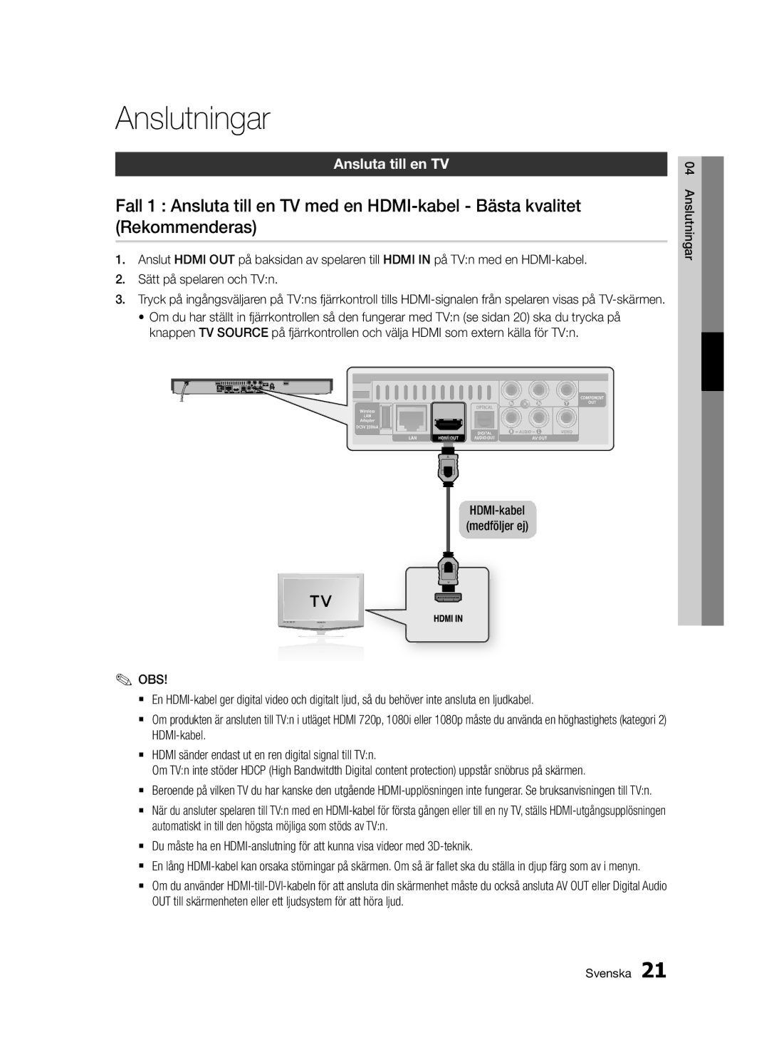 Samsung BD-D5500/XE manual Anslutningar, Ansluta till en TV 