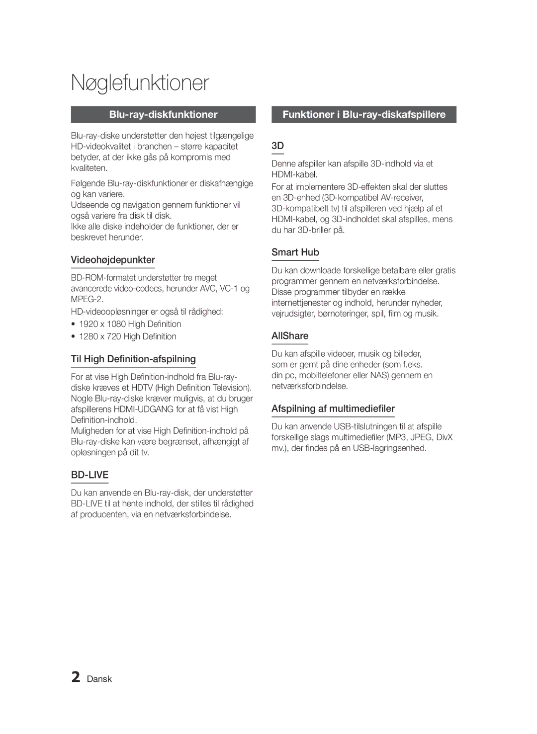 Samsung BD-D5500/XE manual Nøglefunktioner, Blu-ray-diskfunktioner, Funktioner i Blu-ray-diskafspillere 