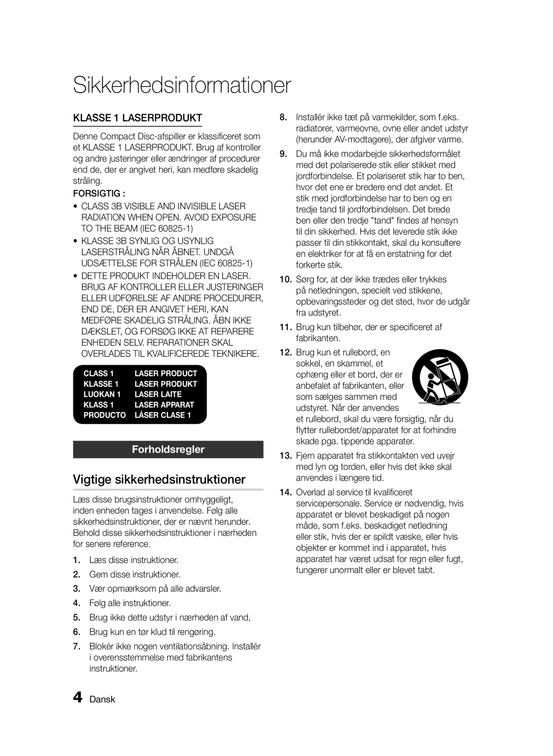 Samsung BD-D5500/XE manual Vigtige sikkerhedsinstruktioner, Klasse 1 Laserprodukt 