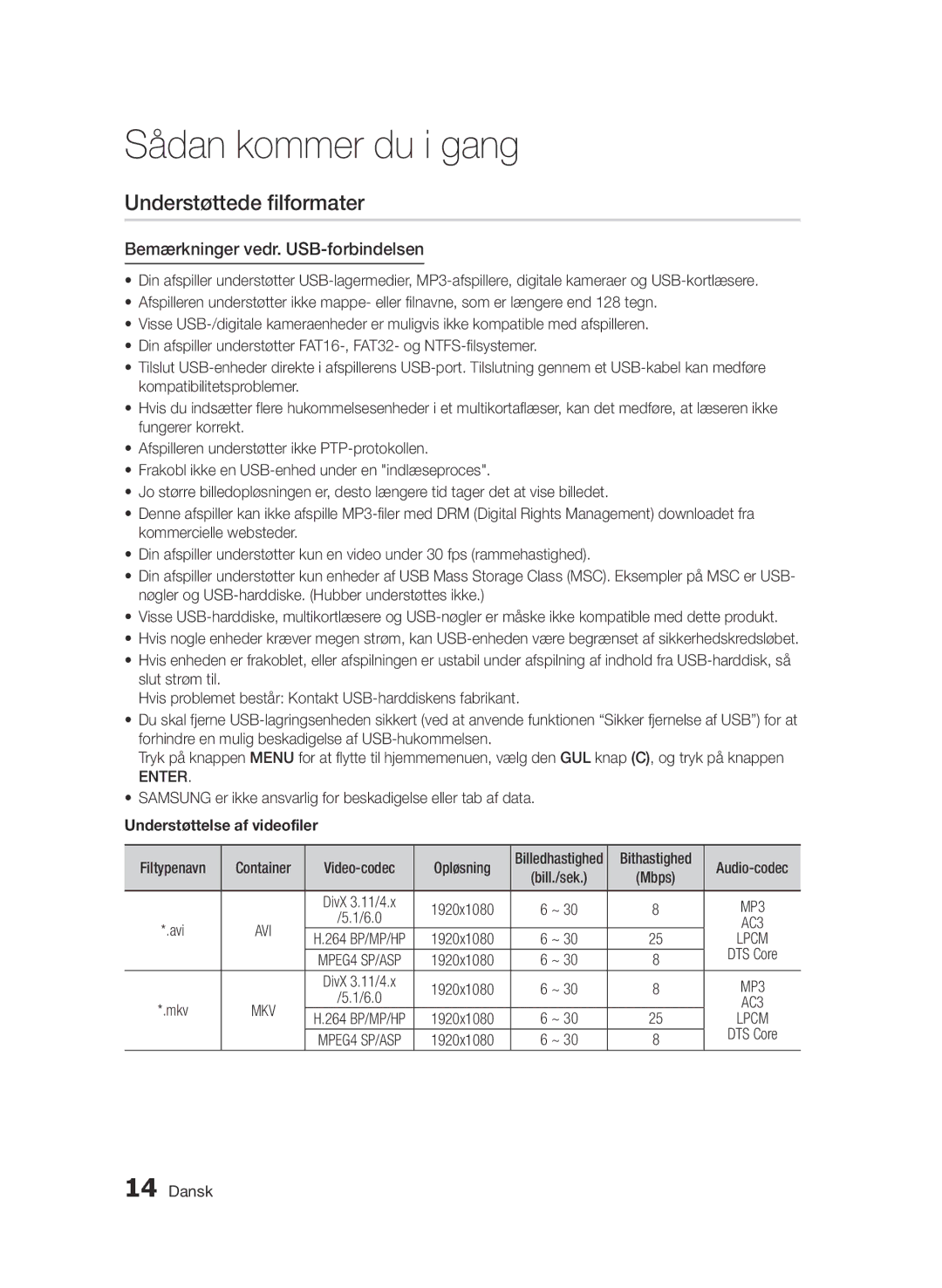 Samsung BD-D5500/XE manual Understøttede filformater, Bemærkninger vedr. USB-forbindelsen, Understøttelse af videofiler 