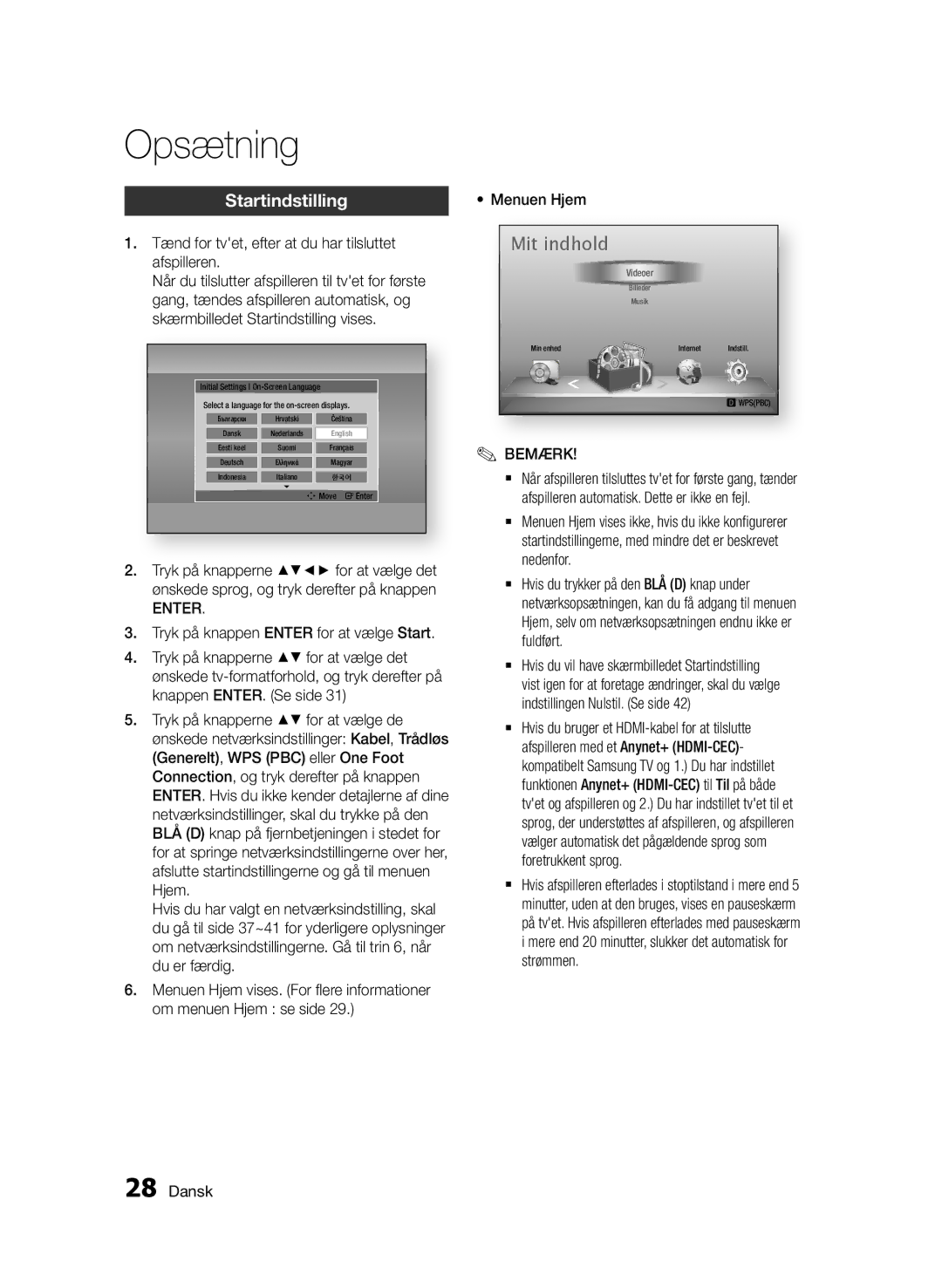 Samsung BD-D5500/XE manual Opsætning, Startindstilling 