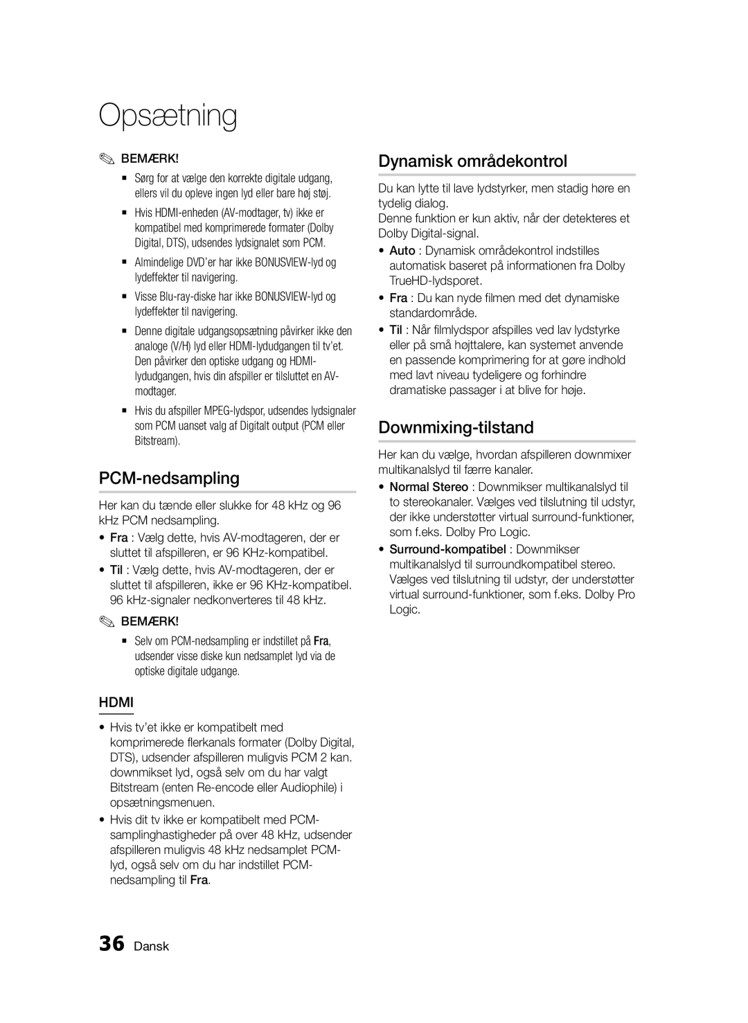 Samsung BD-D5500/XE manual Dynamisk områdekontrol, Downmixing-tilstand 