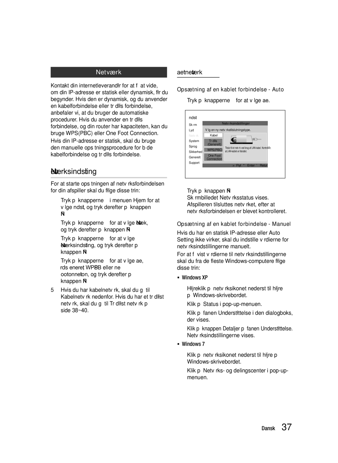 Samsung BD-D5500/XE manual Netværksindstilling, Kablet netværk, Opsætning af en kablet forbindelse Auto 