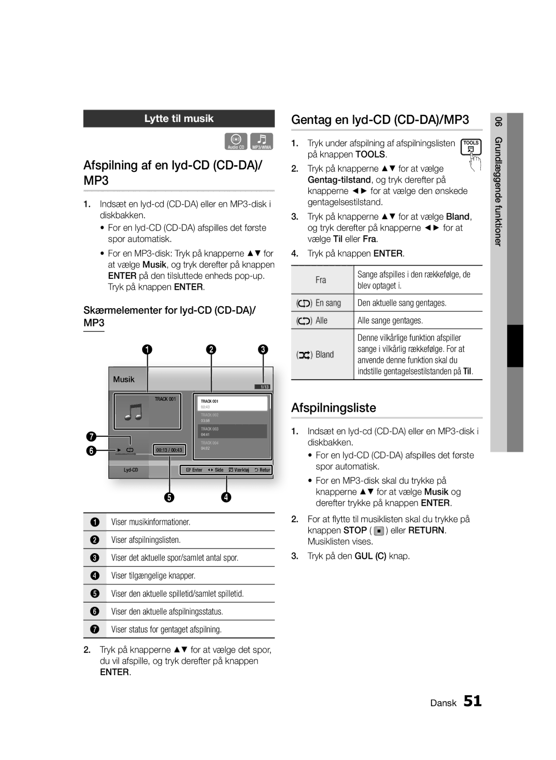 Samsung BD-D5500/XE Afspilning af en lyd-CD CD-DA/ MP3, Gentag en lyd-CD CD-DA/MP3, Afspilningsliste, Lytte til musik 