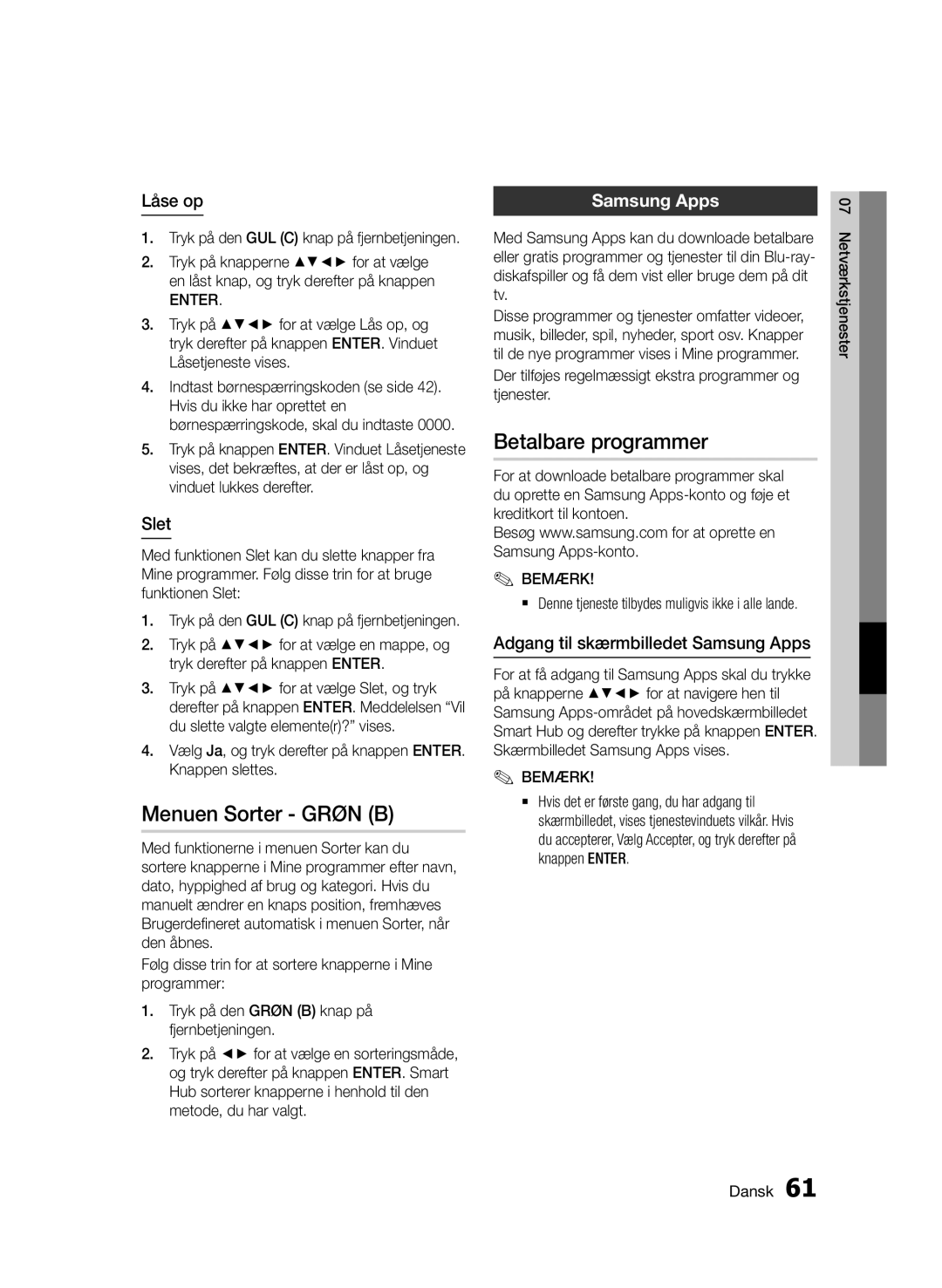 Samsung BD-D5500/XE manual Menuen Sorter Grøn B, Betalbare programmer, Låse op, Slet, Adgang til skærmbilledet Samsung Apps 