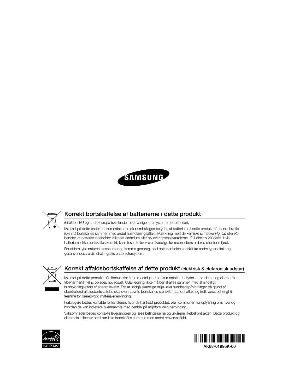 Samsung BD-D5500/XE manual Korrekt bortskaffelse af batterierne i dette produkt 