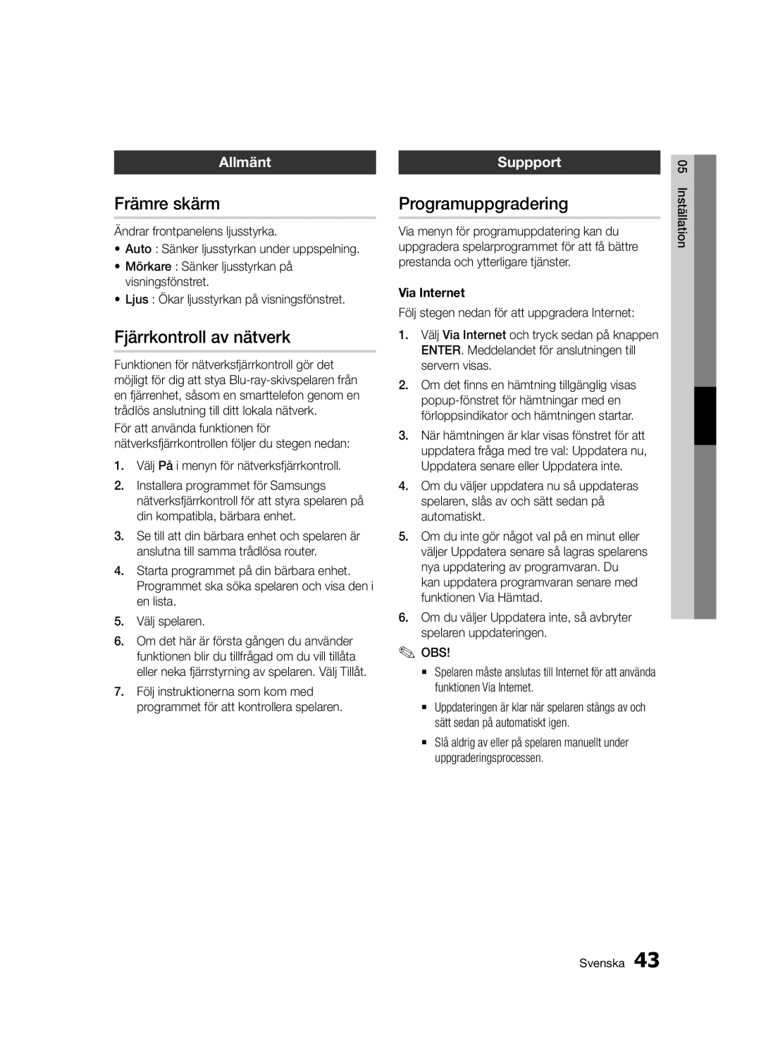 Samsung BD-D5500/XE manual Främre skärm, Fjärrkontroll av nätverk, Programuppgradering, Allmänt, Suppport 