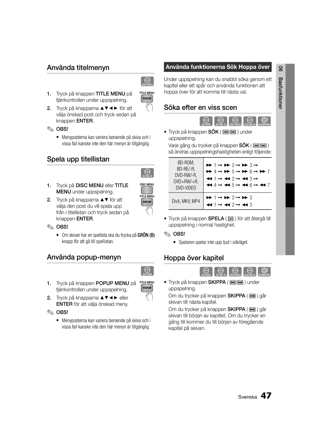 Samsung BD-D5500/XE manual Använda titelmenyn, Spela upp titellistan, Använda popup-menyn, Söka efter en viss scen 