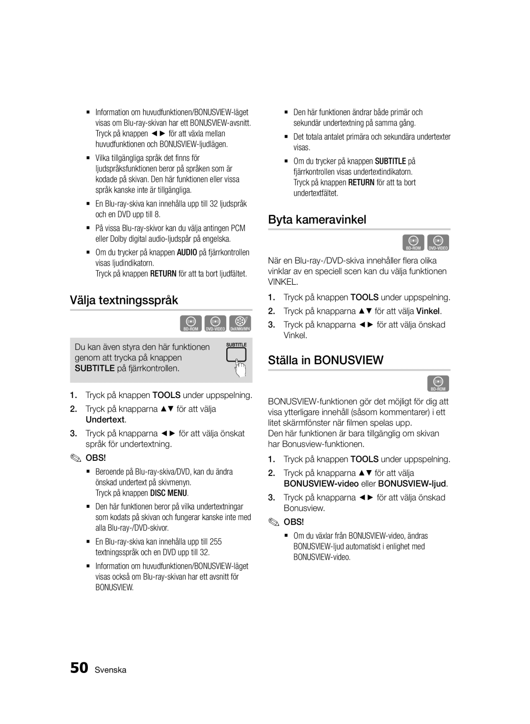 Samsung BD-D5500/XE manual Välja textningsspråk, Byta kameravinkel, Ställa in Bonusview, Vinkel 